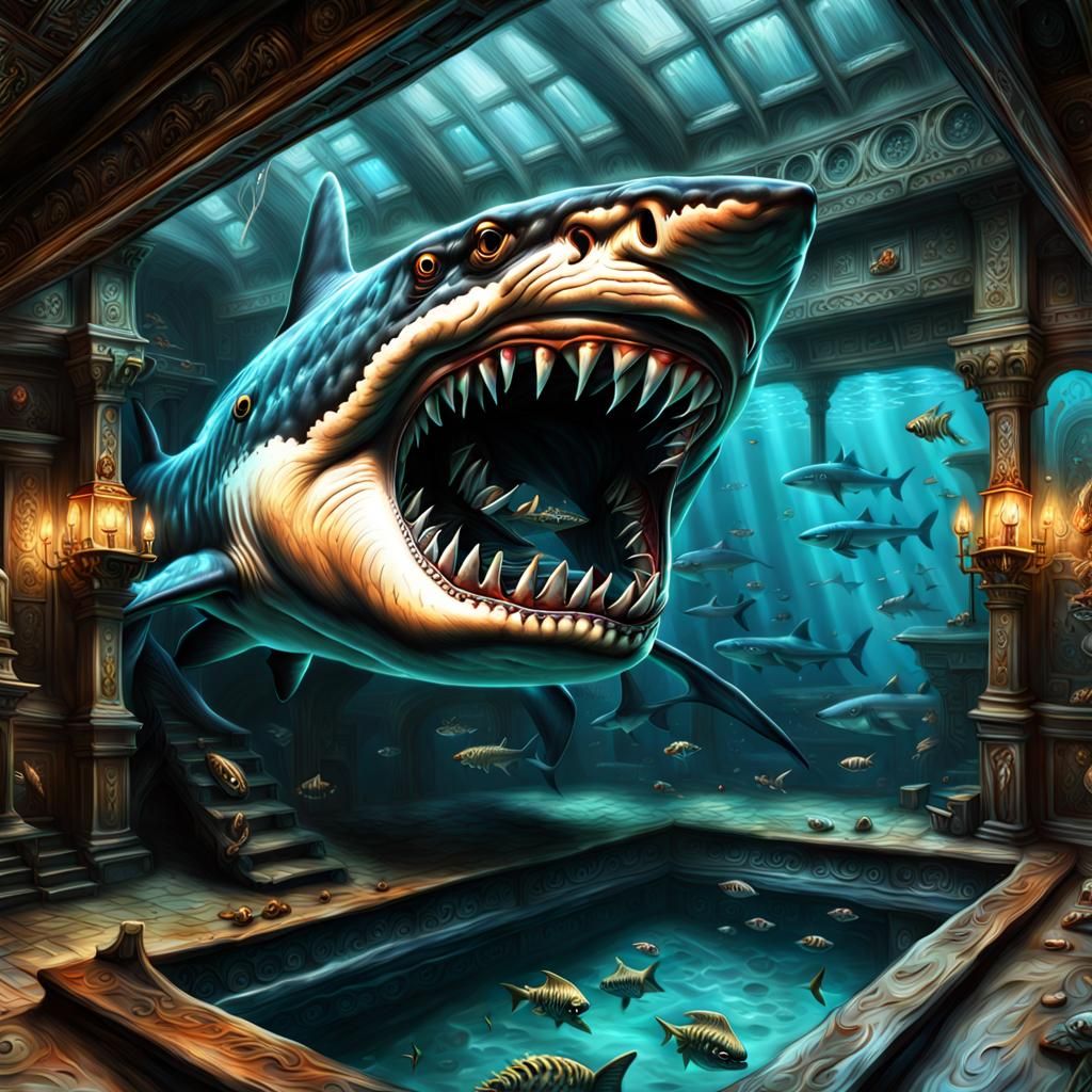 Sinister Shark Monster in Underwater Pool Hall