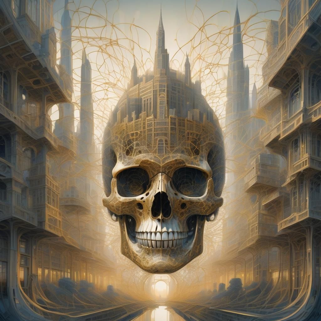 Surreal Cityscape Inside a Skull: Conceptual Art