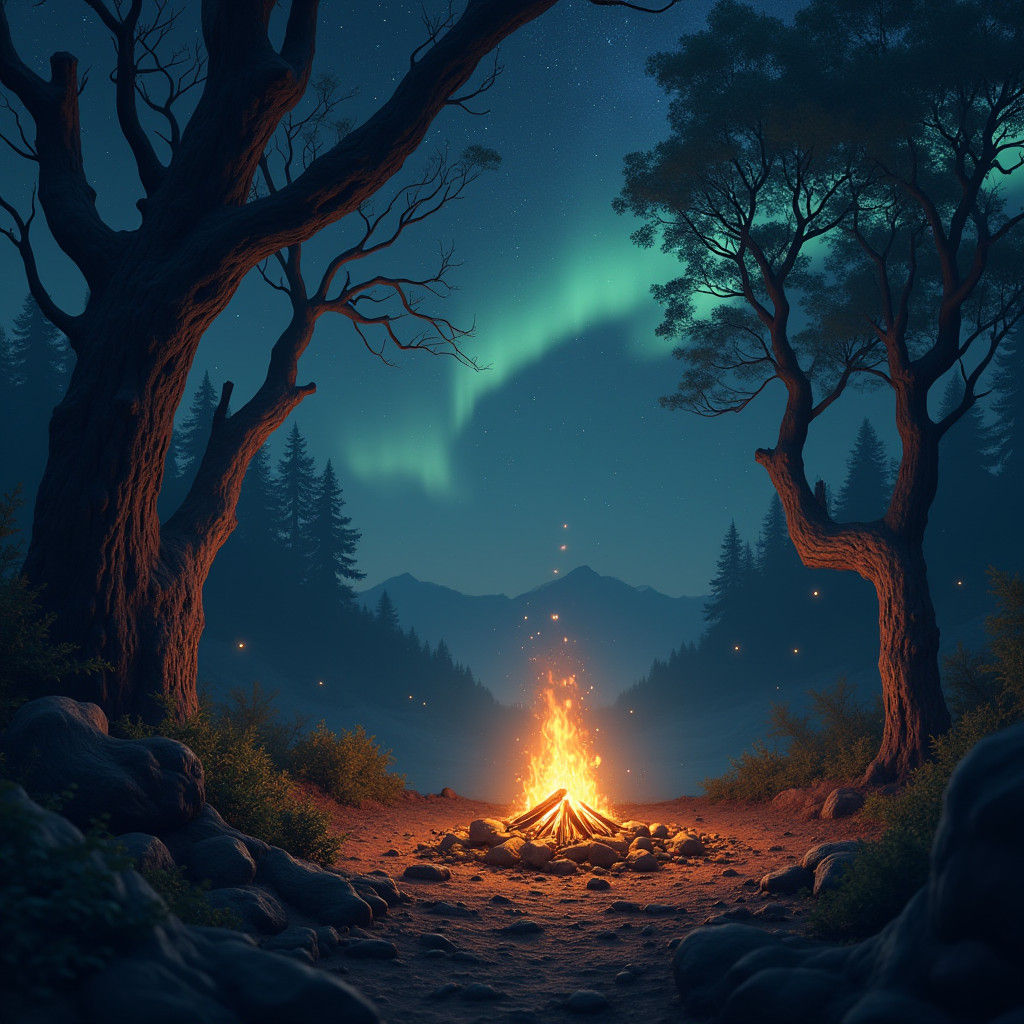 Cozy Campfire Under Aurora Borealis: Matte Painting