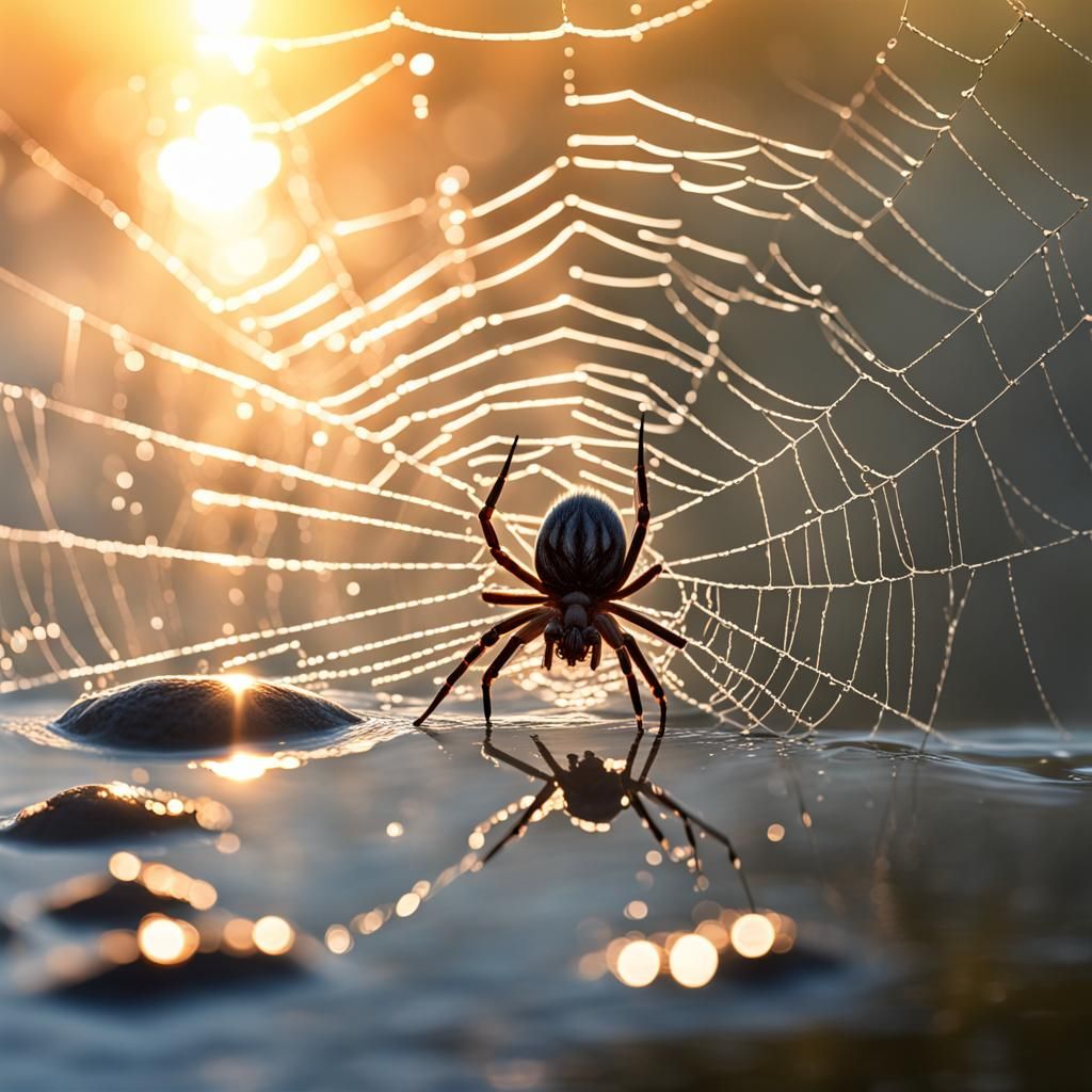 Glistening Spiderweb at Sunrise: Hyperrealistic Splash Art