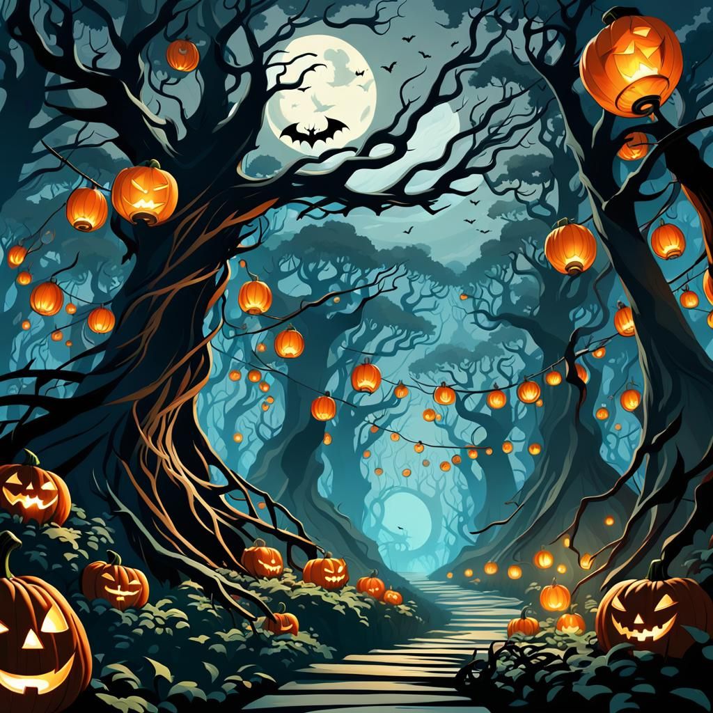 Enchanted Dark Forest Path with Pumpkin Lanterns