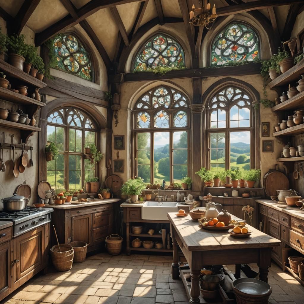 Medieval Victorian Kitchen with Summer View