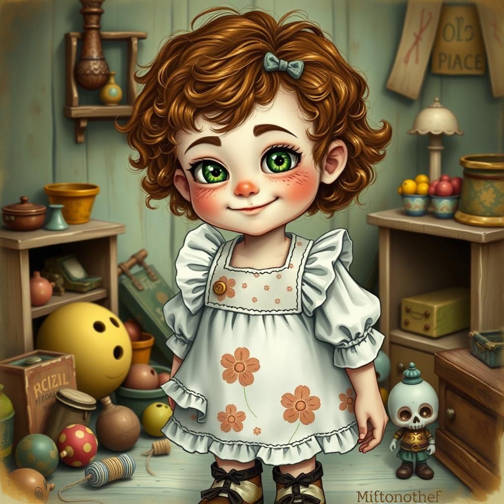 Mischievous Girl Surrounded by Toys, Whimsical Art