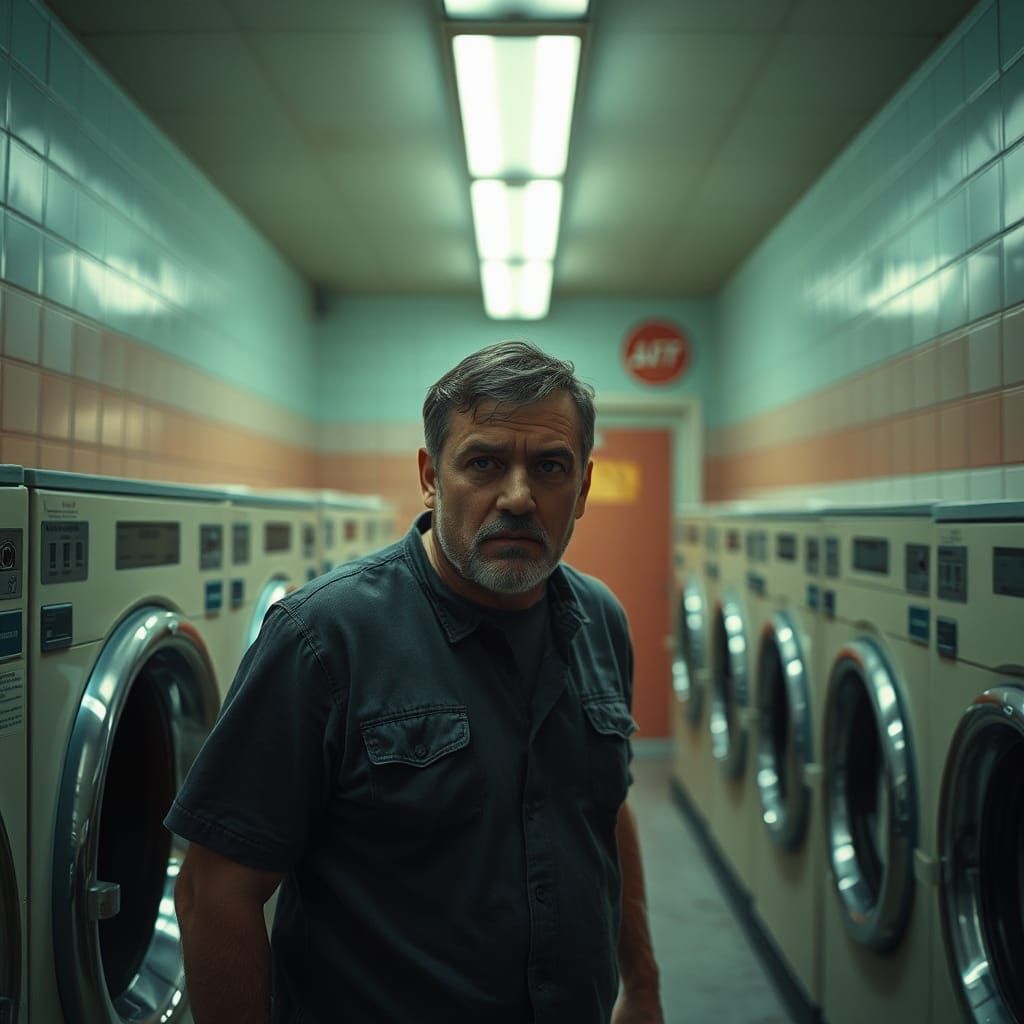 Frustrated Man in Retro Laundromat: Photorealistic Image