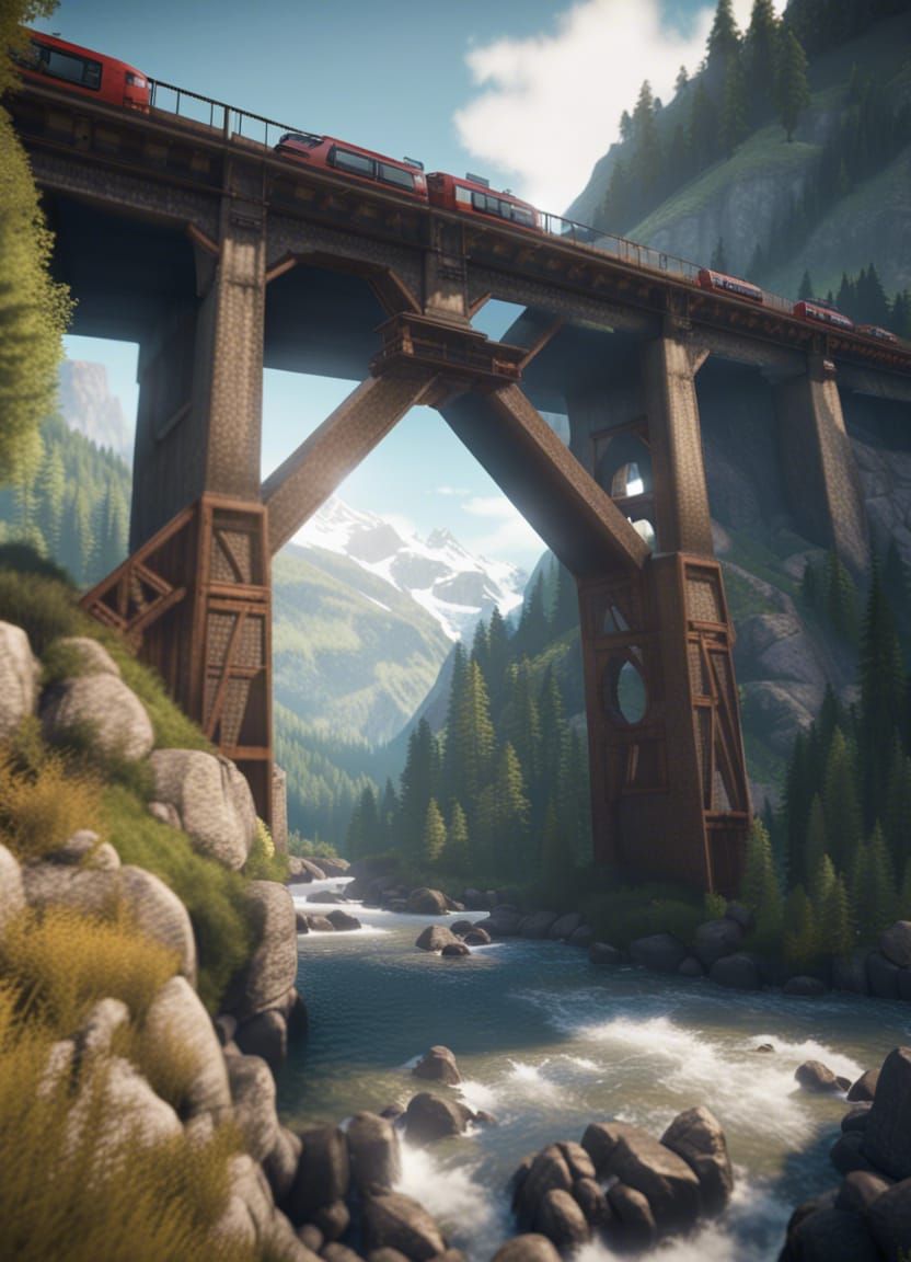 Swiss Mountain Train Bridge in 3D Game Style