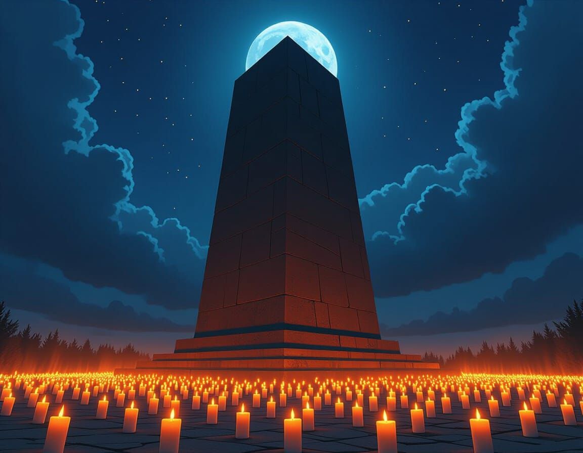 Massive Charlie Kirk Monument at Night Amidst Candle Sea