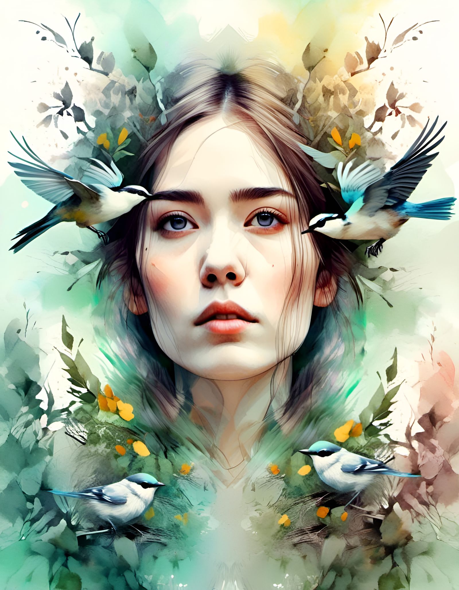 Double Exposure Portrait with Forest Birds