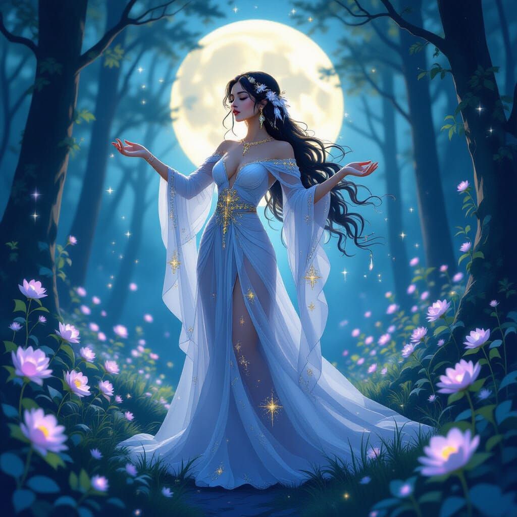 Ethereal Goddess in Moonlit Forest