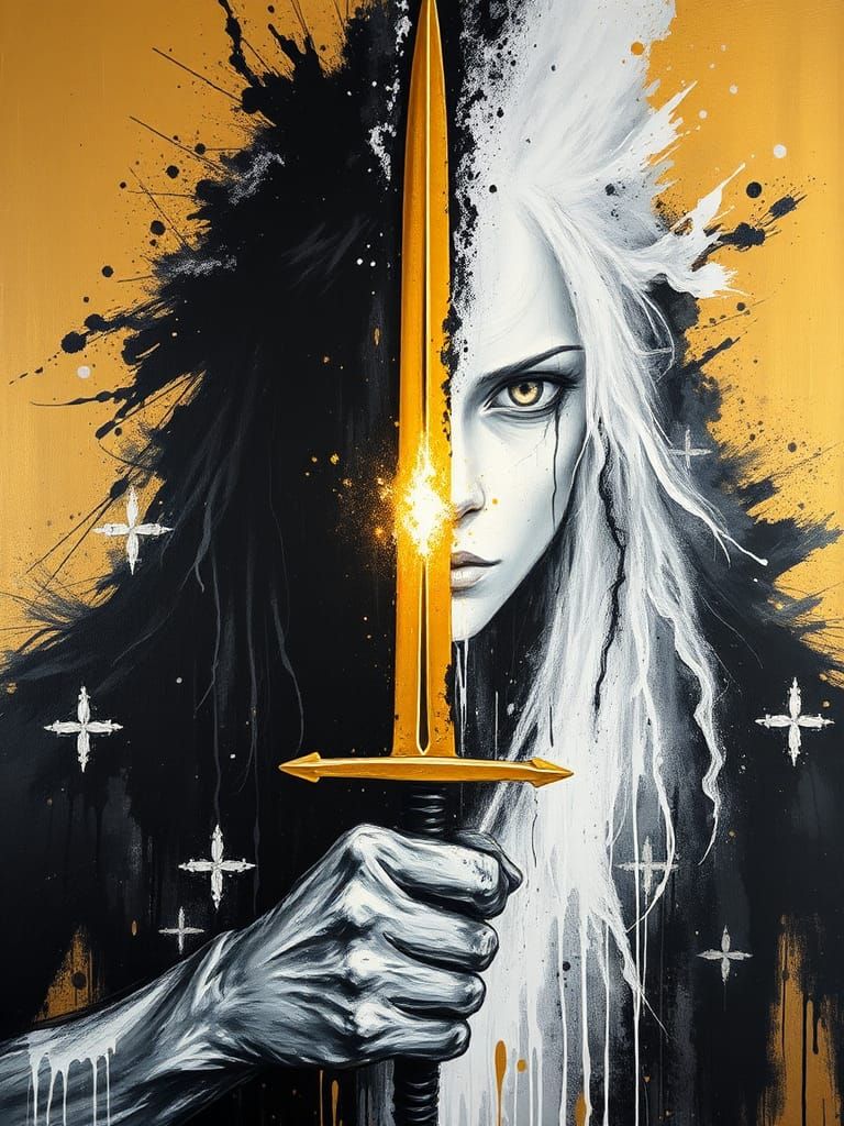 Heroic Figure Pierces Darkness with Golden Sword