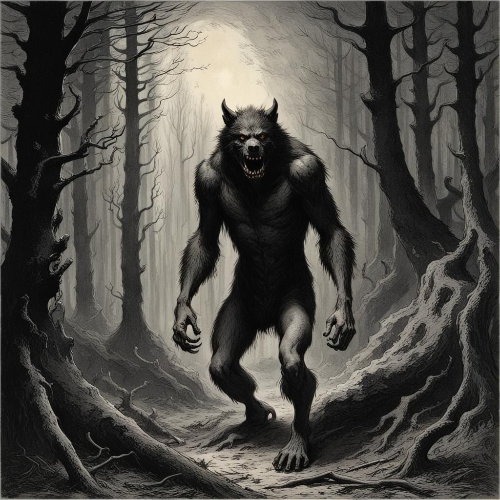 Terrifying Werewolf in Dark Forest: Horror Illustration