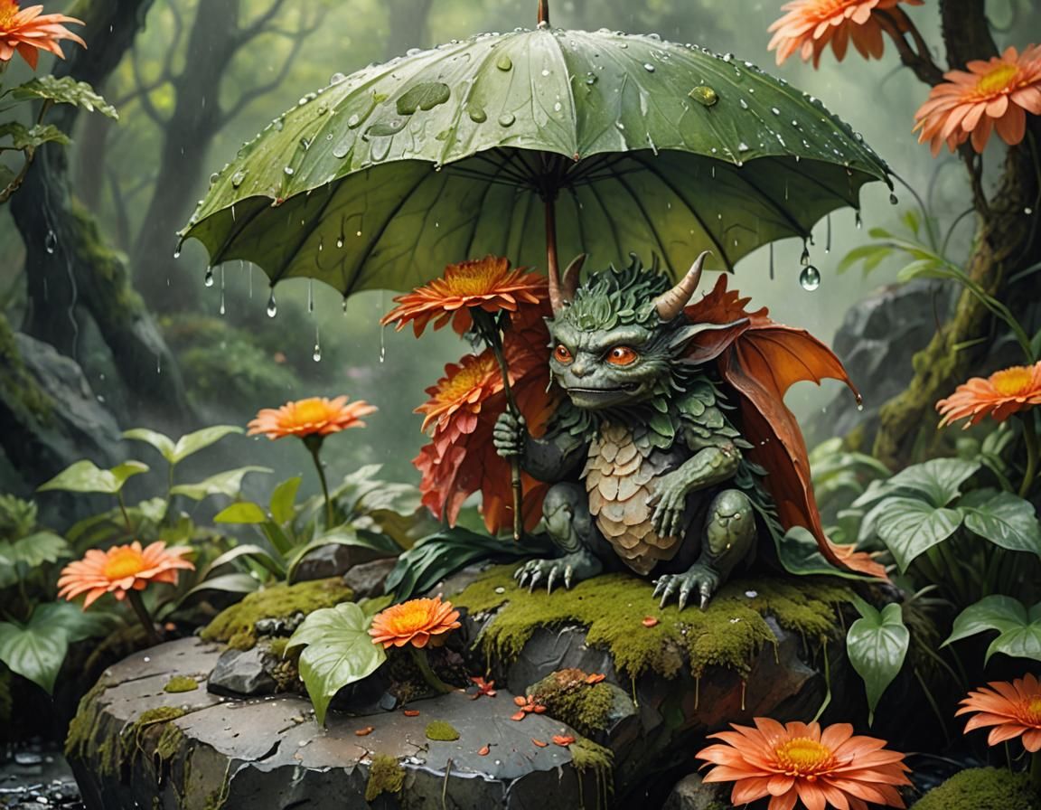 Whimsical Demon with Leaf Umbrella in Watercolor Style