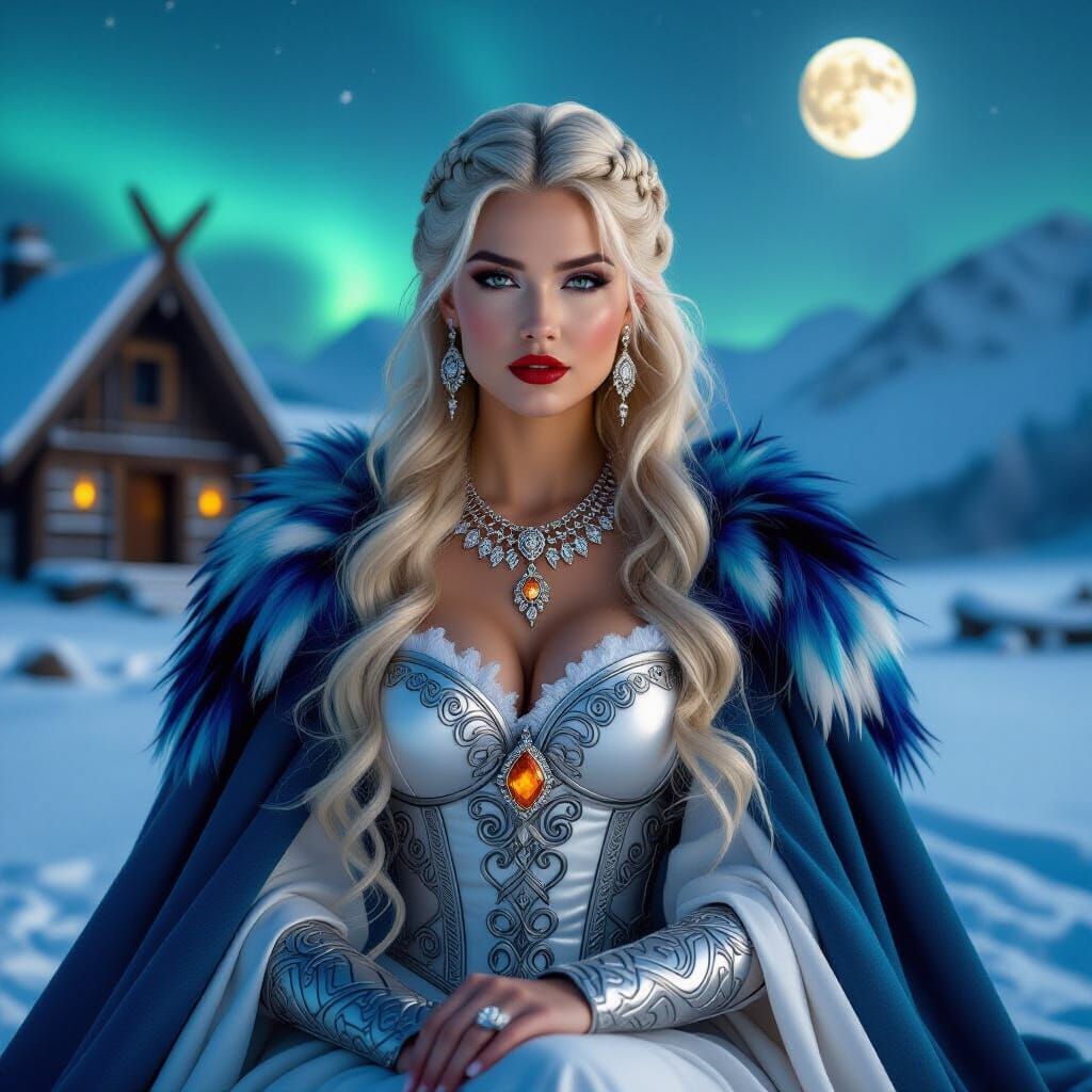 Viking Goddess in Aurora Landscape, Cinematic Still