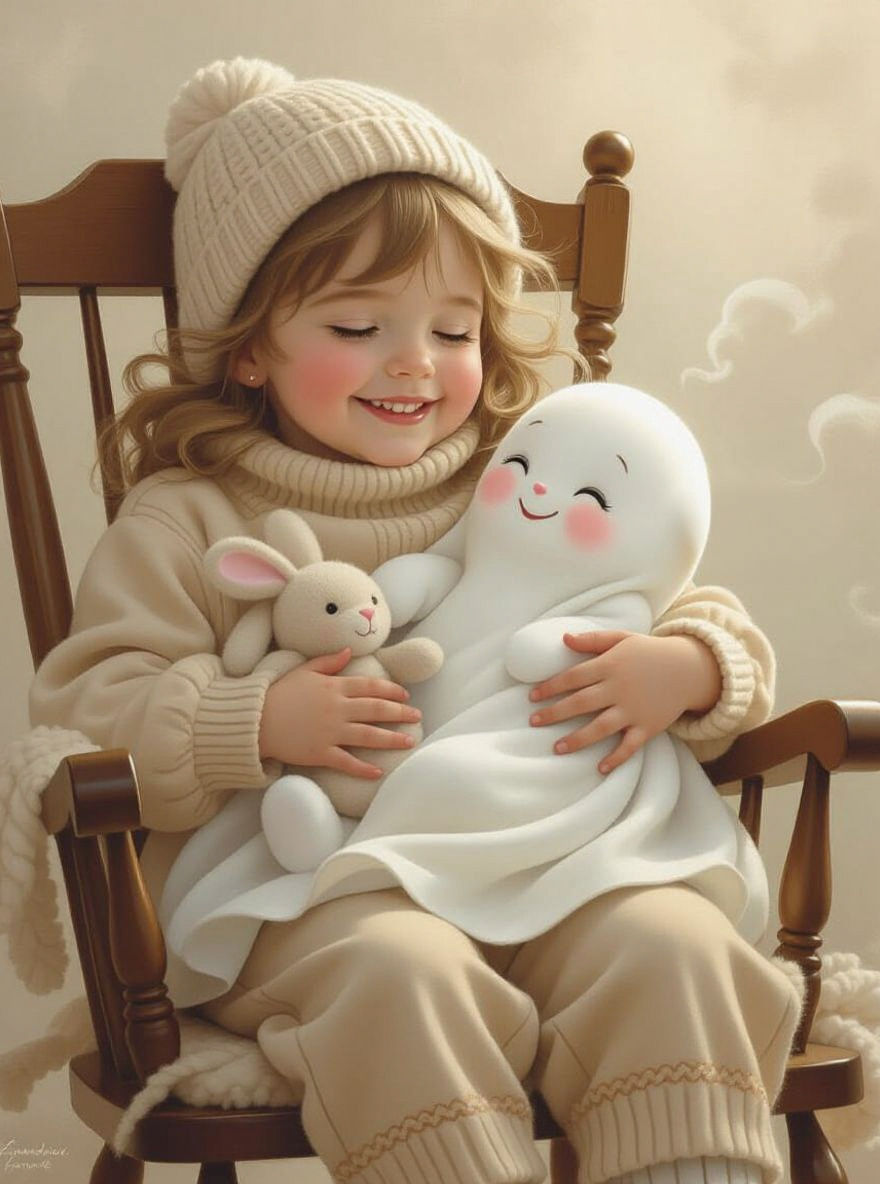 Ethereal Ghostchild Comforted in Misty Fantasy Scene