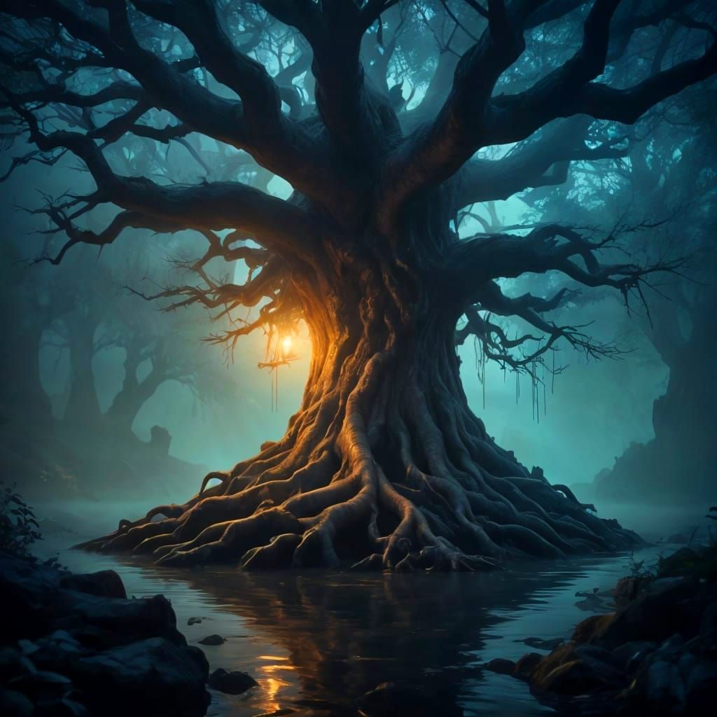 Ancient Tree Anchors Floating Islands in Twilight