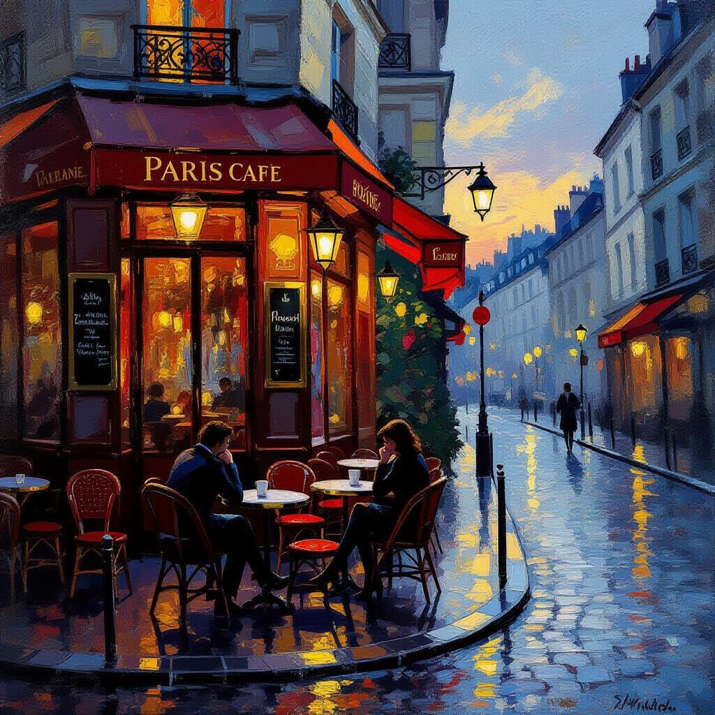 Vintage Parisian Cafe at Dusk: Impressionistic Scene