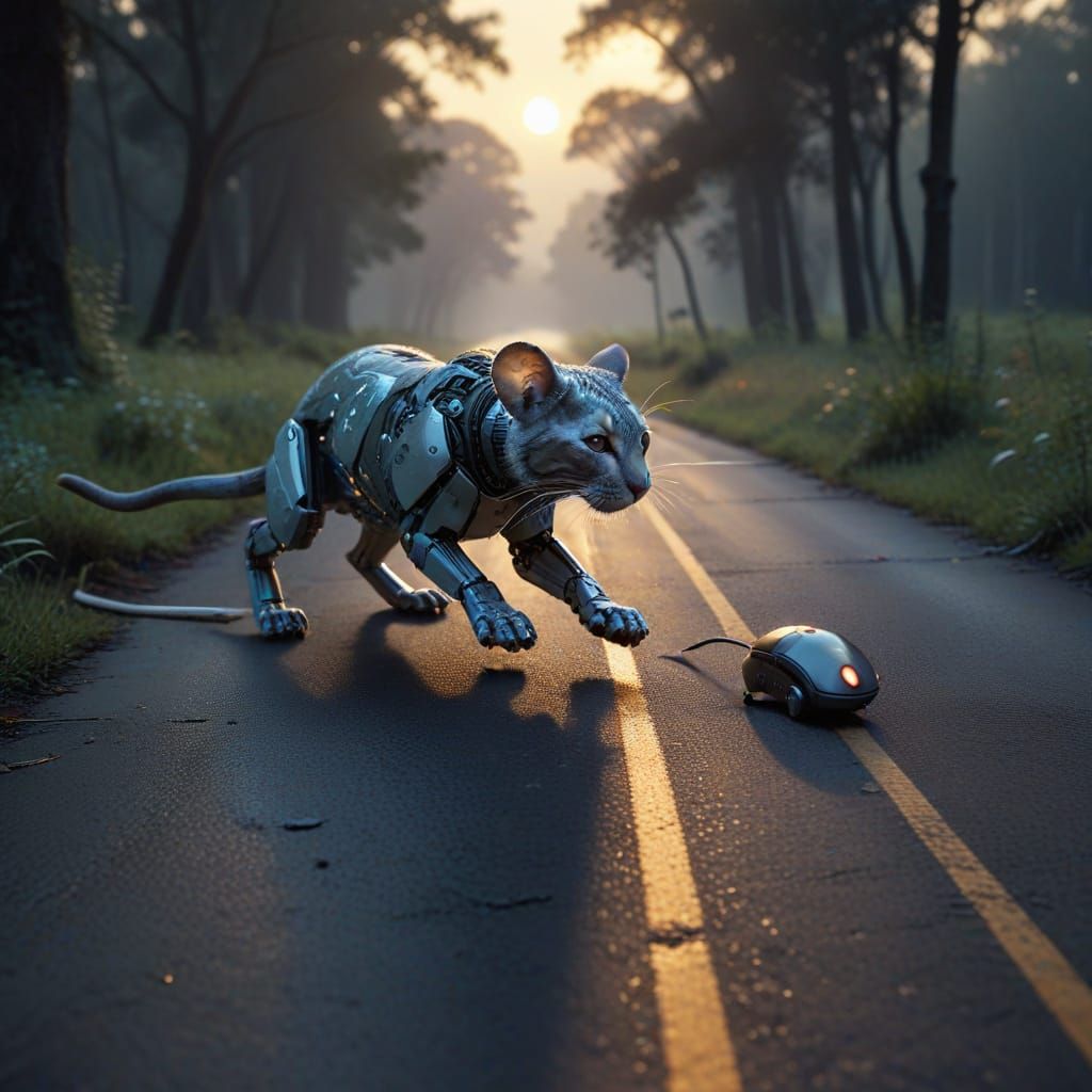 A big cat chasing an ethereal robotic mouse down the road,  ...