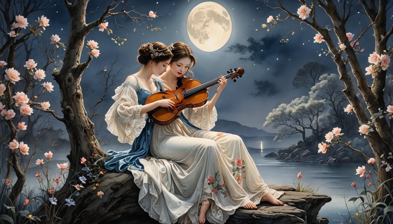 Romantic Watercolor Painting of a Moonlight Serenade