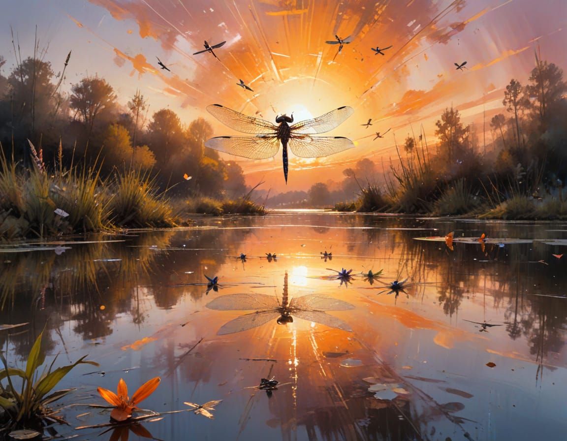 Dragonfly Swarm Skimming Lake at Sunset in Watercolour