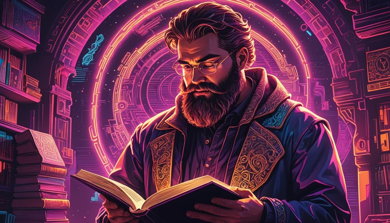 Bearded Man Reading Book in Synthwave Neon Style