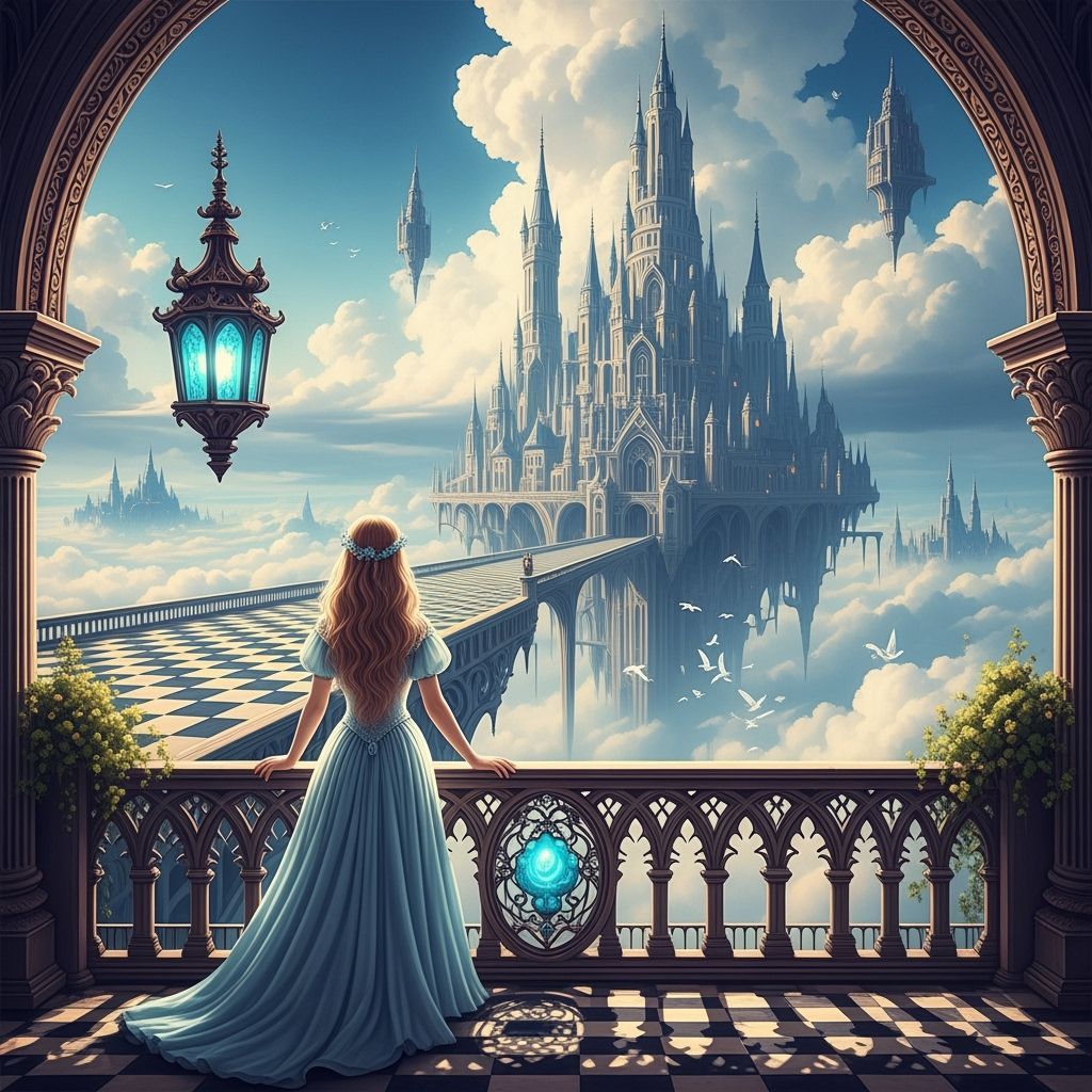 Fantasy Castle Above Clouds in Surreal Storybook Style