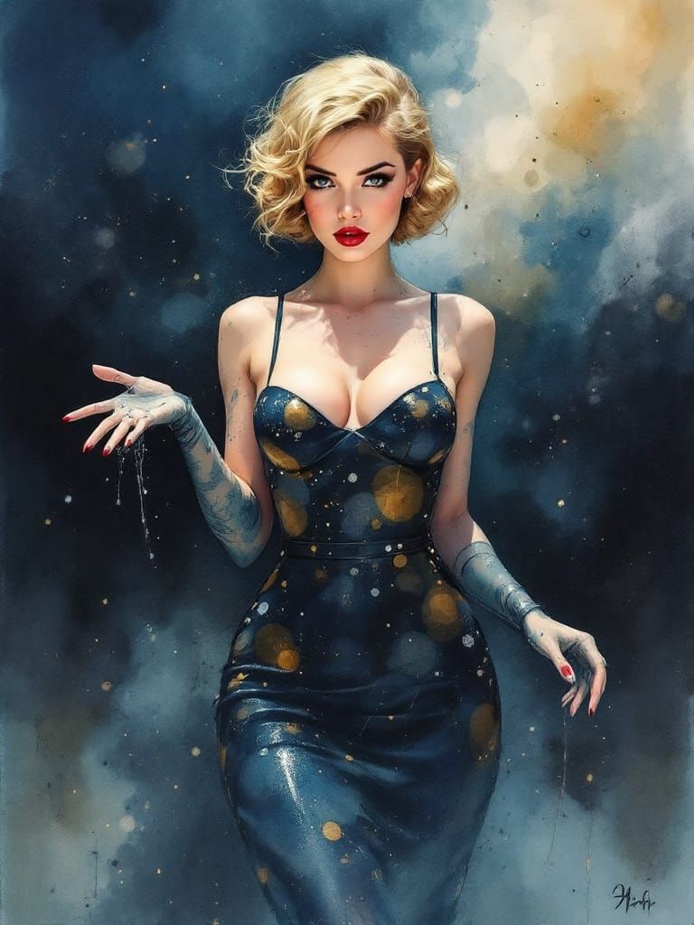 Pin-Up Woman in Surreal Watercolor Style