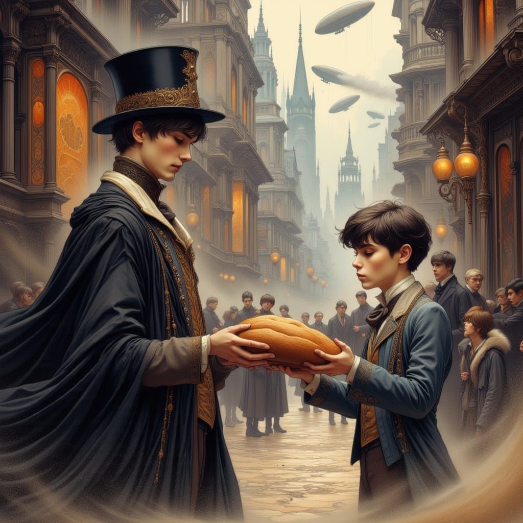 Steampunk Prince Shares Bread with Urchin in Retro City