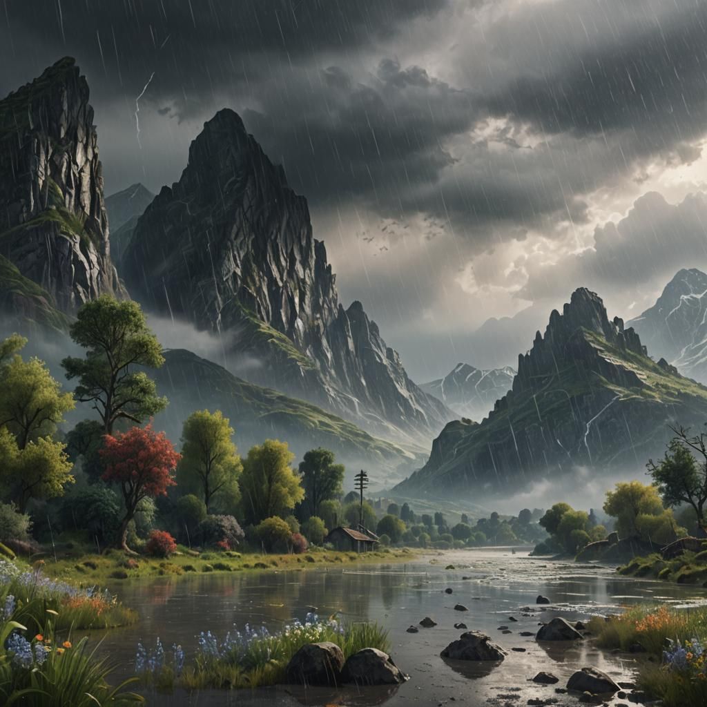 Impressionist Rainstorm Over Misty Mountains
