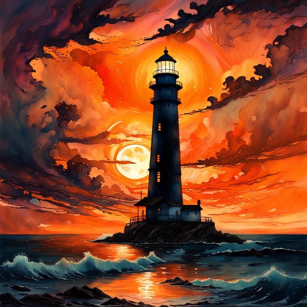 Orange Sunset Lighthouse: Watercolour Anime-Inspired Art