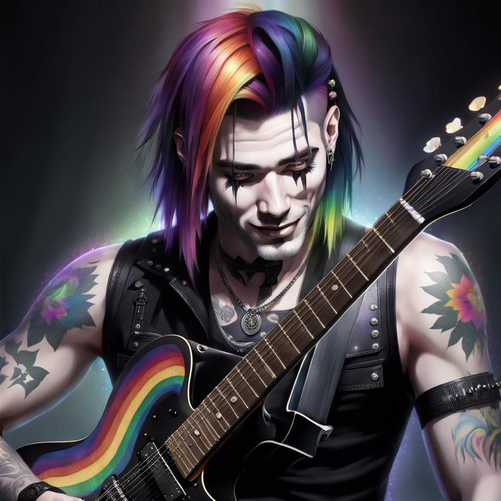 Rainbow-Haired Goth Guitarist in Spectral Light