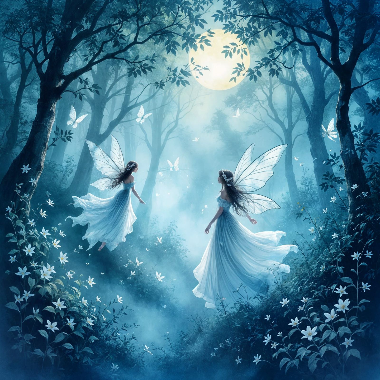 Misty Moonlit Forest with Ethereal Fairies