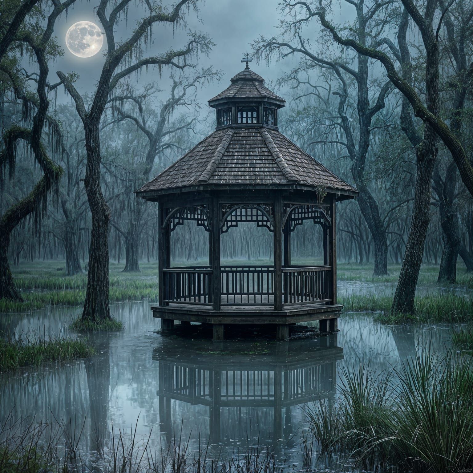 Louisiana Swamp Gazebo Under Moonlit Rain