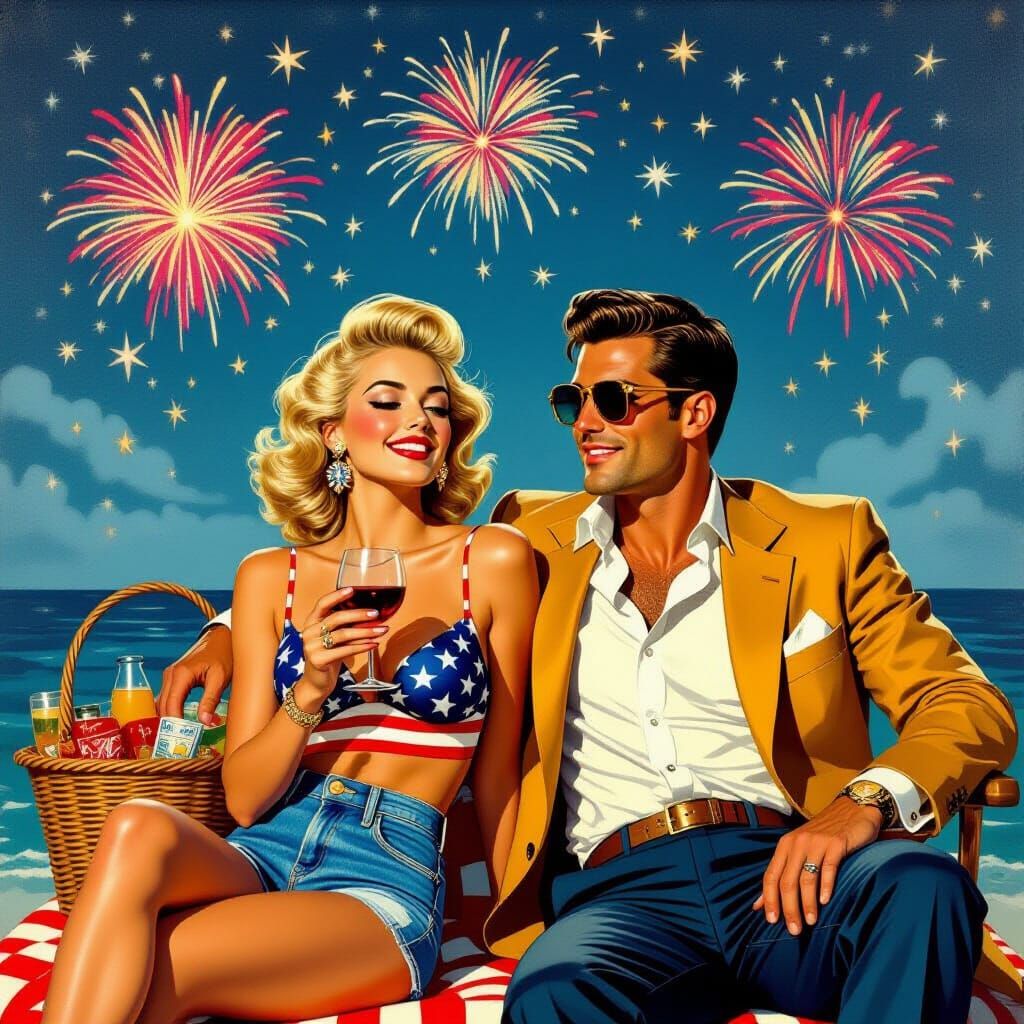 Glamorous Couple Celebrates with Fireworks in Pop Art Style