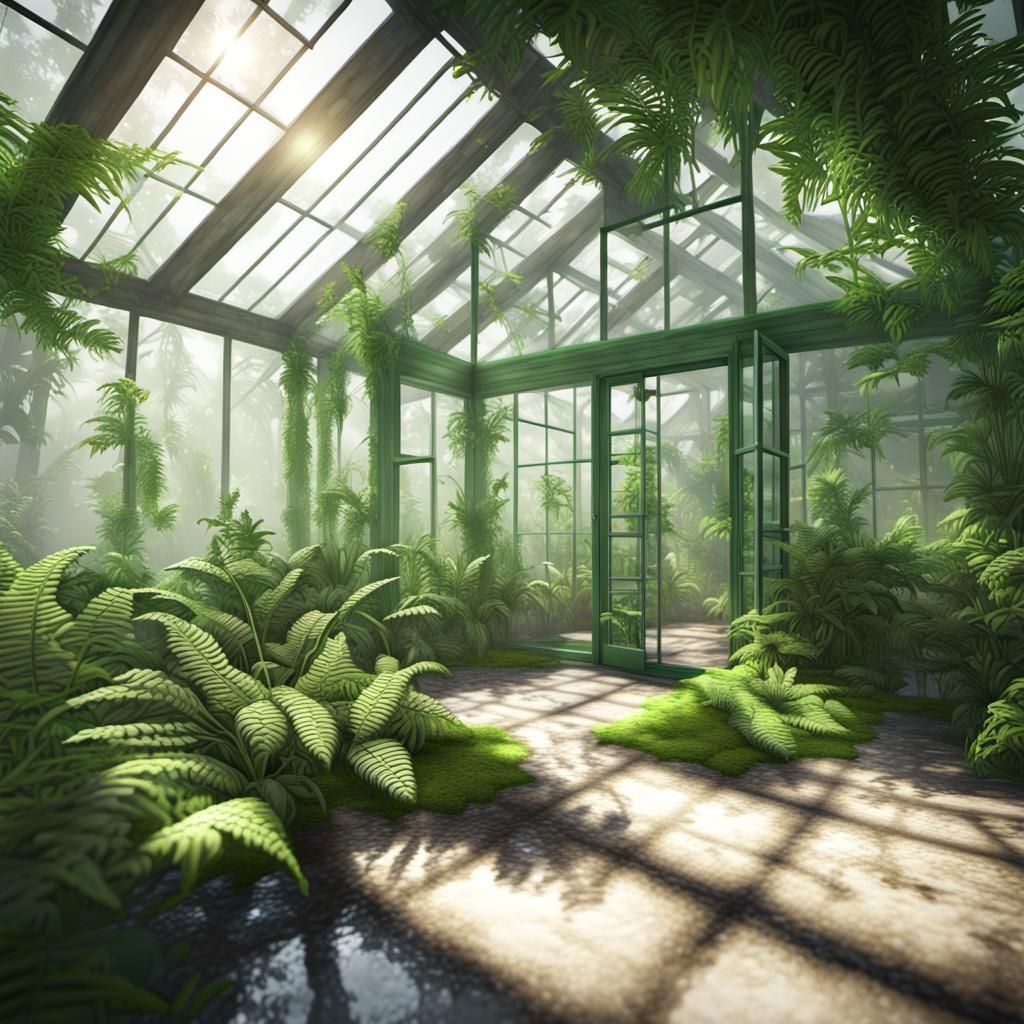 Sunlit Glass Greenhouse Garden with Ferns