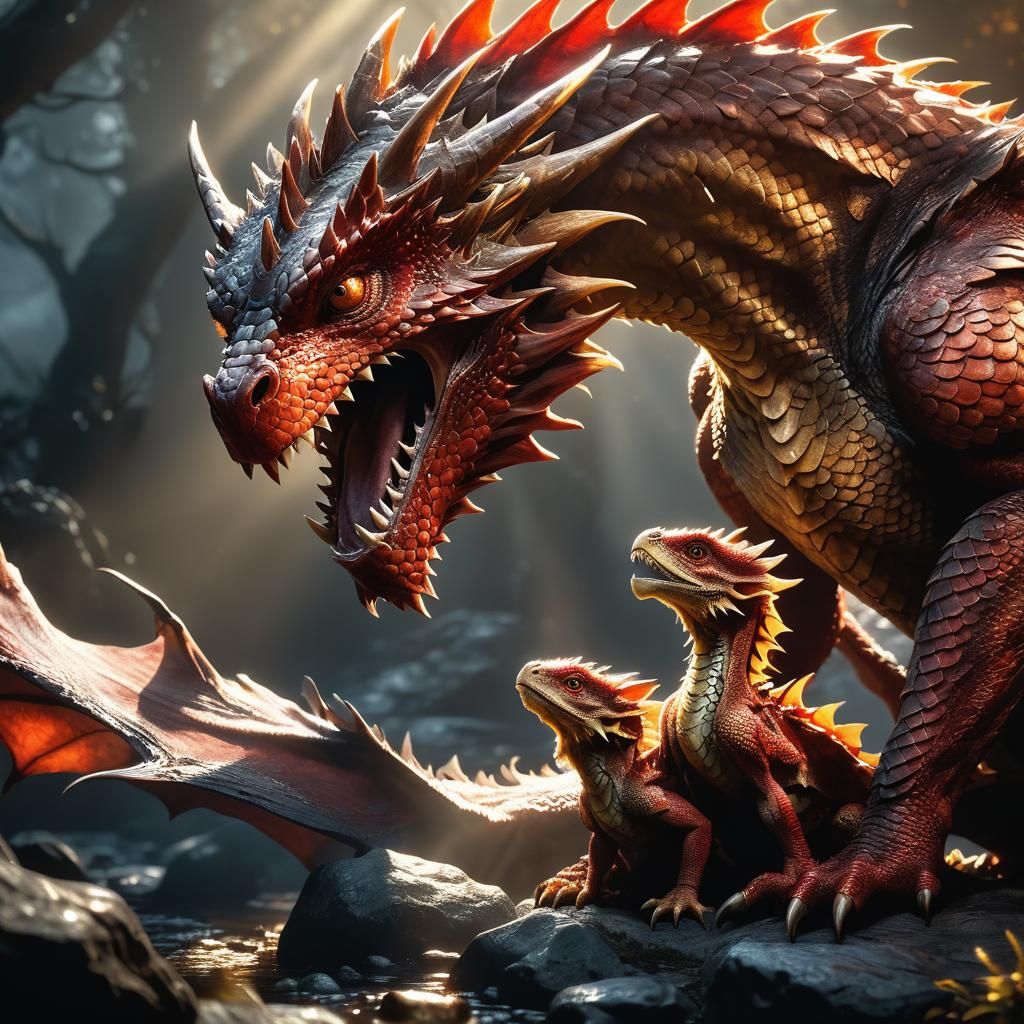Hatchling Red Dragon and Mother in Golden Light