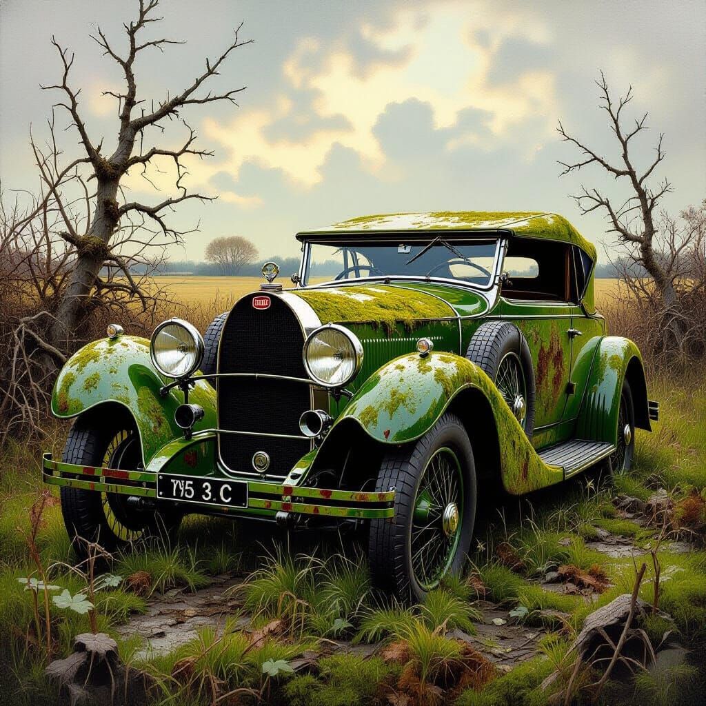 Moss-Covered Bugatti Type 30 Tourer in Ruin