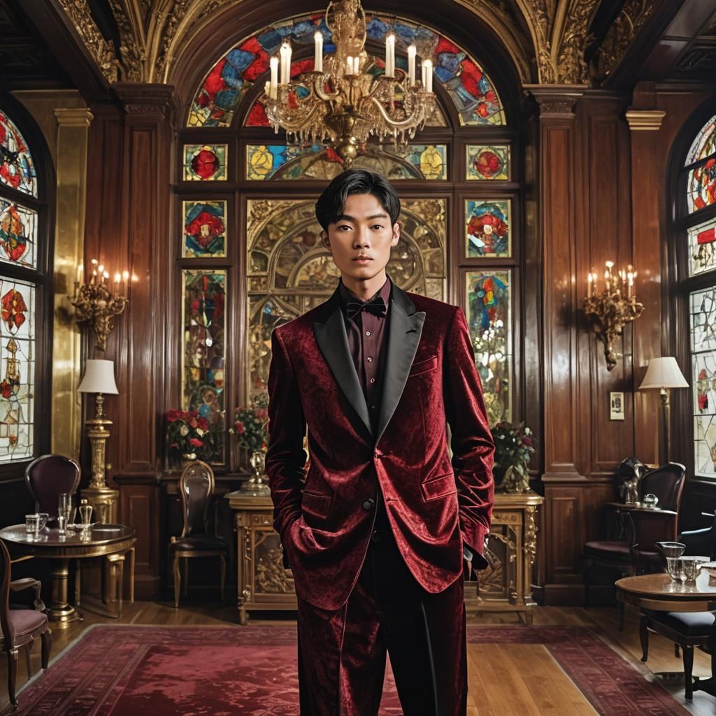 Teen in Velvet Tuxedo in Opulent Dining Room