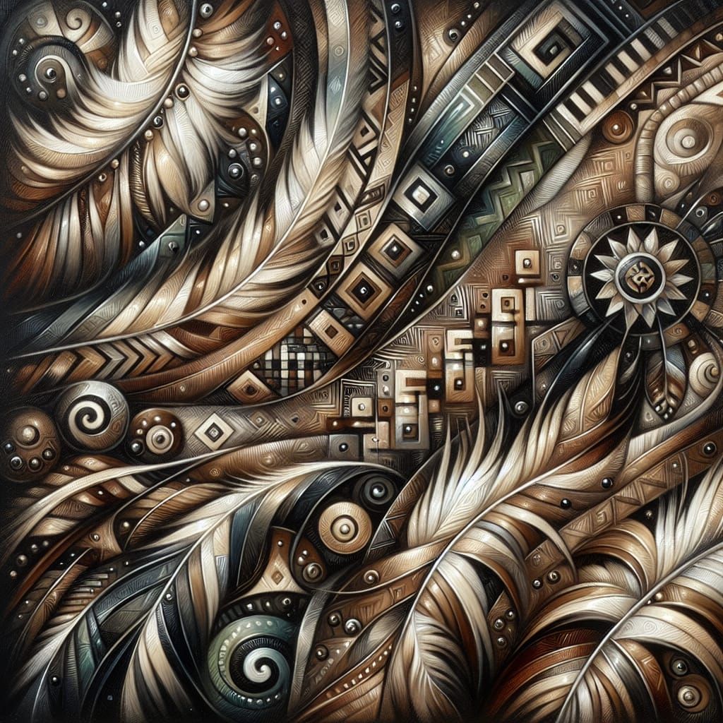 Ethereal Native American Oil Painting with Geometric Motifs