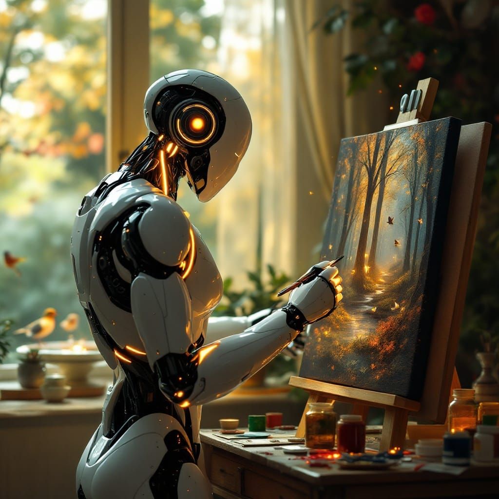 Sleek Robot Paints Mystical Forest in Neon-Lit Studio