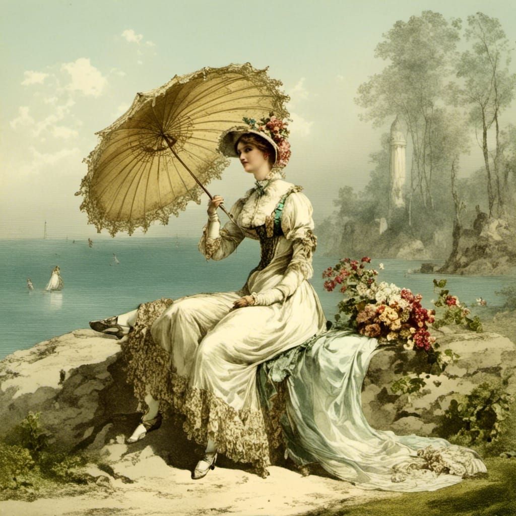 Regency Woman with Parasol in Hyperreal Style