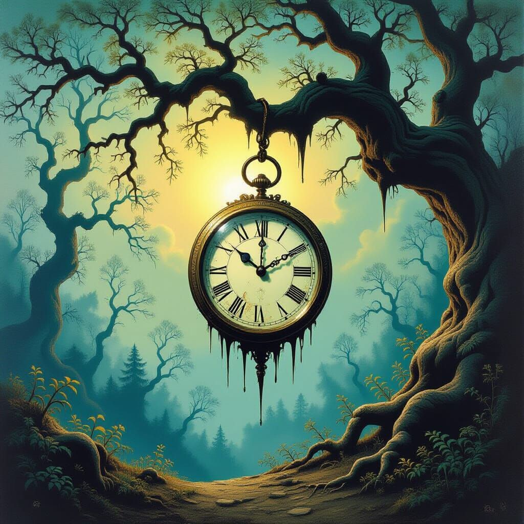 Surreal Melting Clock in Ethereal Forest