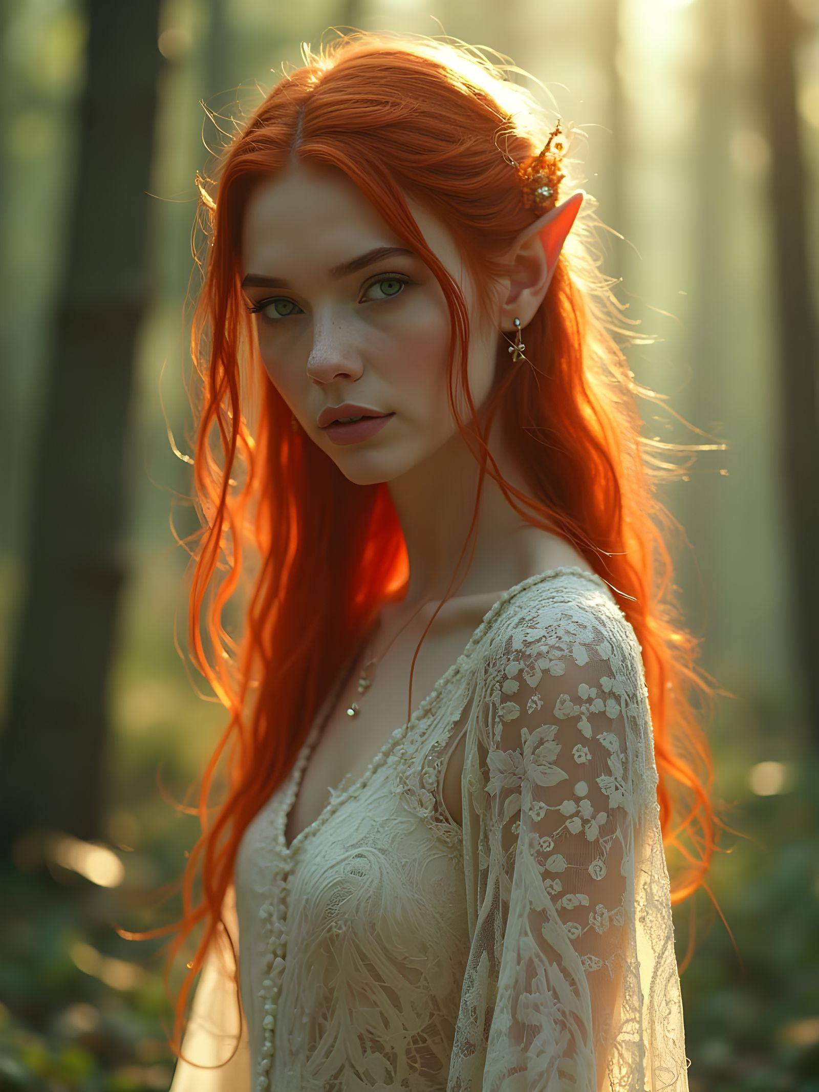 Ethereal Elven Woman in Dreamlike Forest