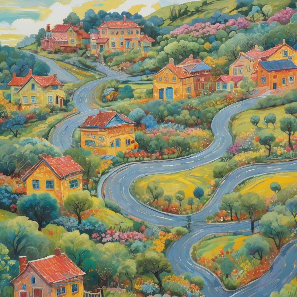 Whimsical Valley Descent: Gouache Painting in Vibrant Colors