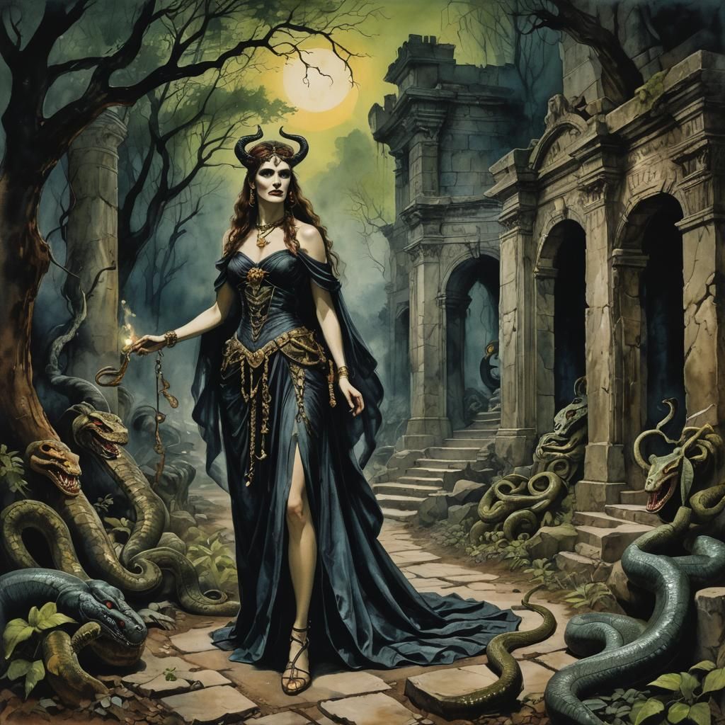 Demons and Travelers in Forest Ruins: A Vibrant Painting