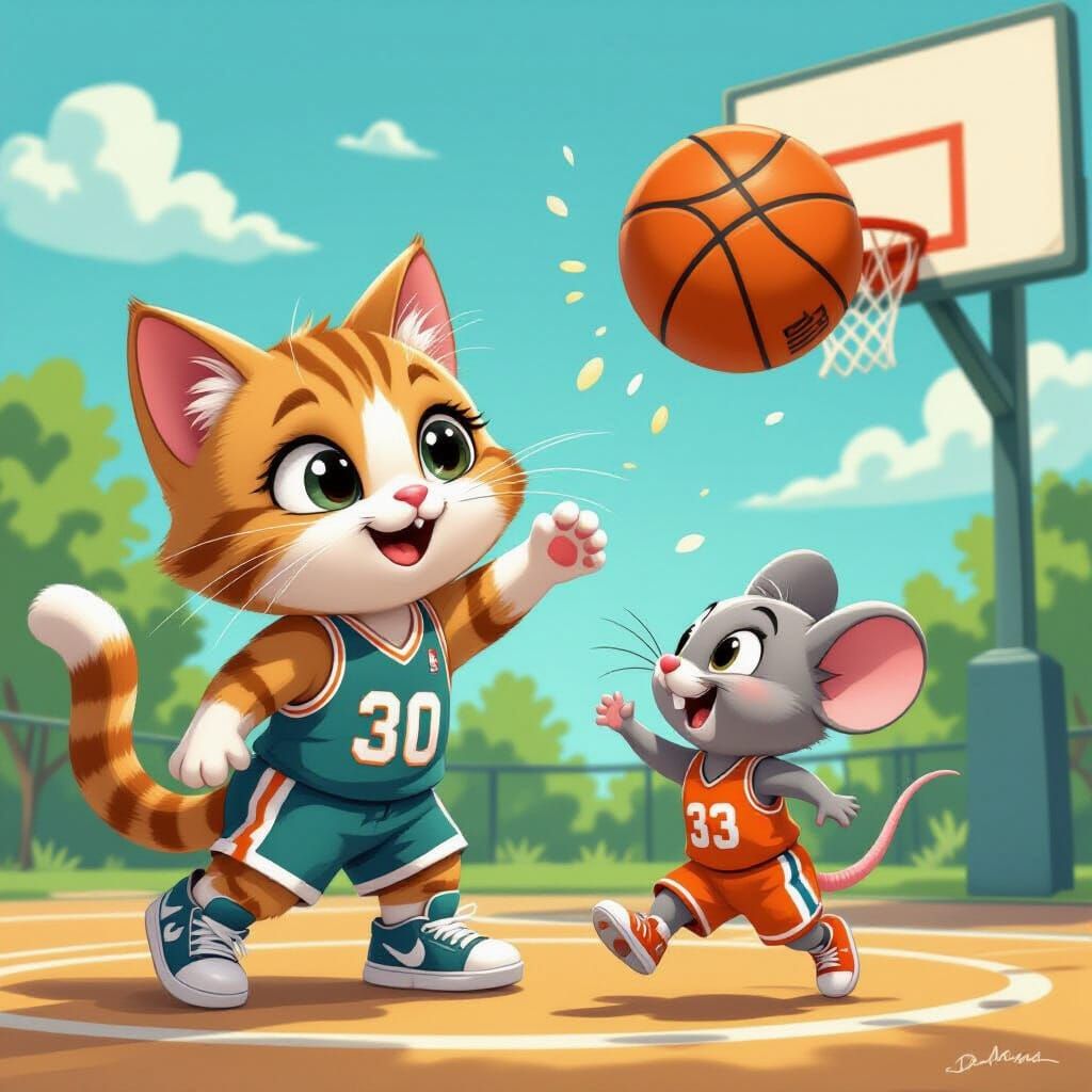 Cartoon Cat Dunks Basketball, Mouse Tries to Block