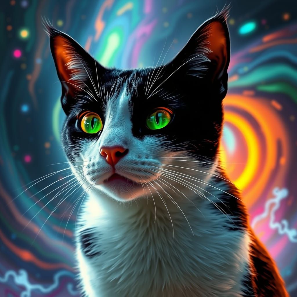 Psychedelic Black and White Cat Portrait