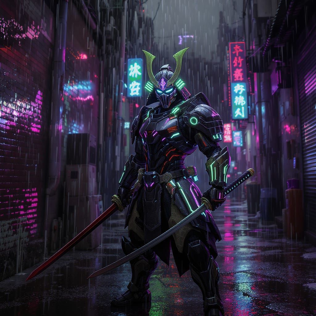 Cyberpunk Samurai in Neon Alleyway