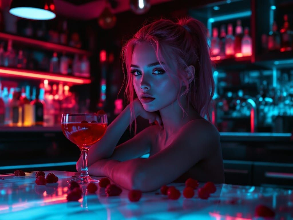 Neon-Noir: Woman at a Futuristic Bar in Digital Art