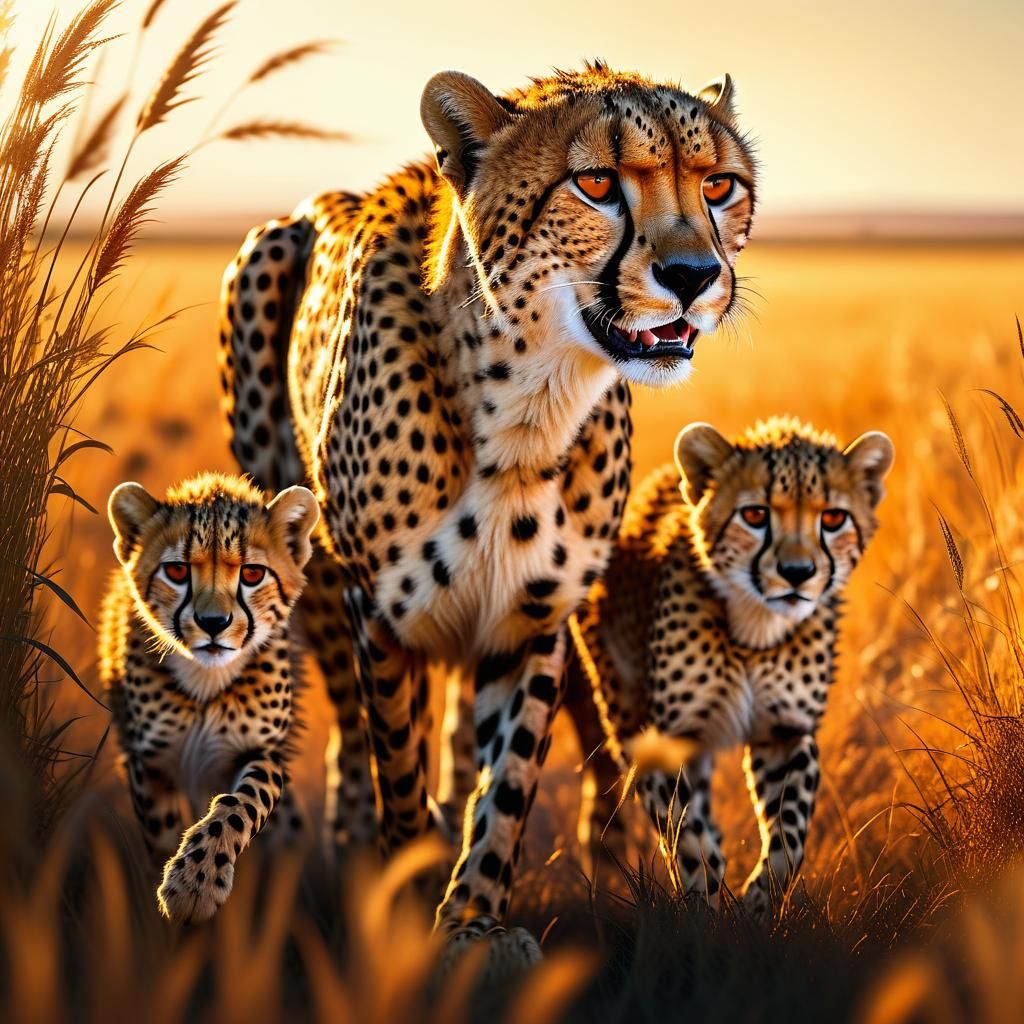 Cheetah Family at Play in Golden Savannah