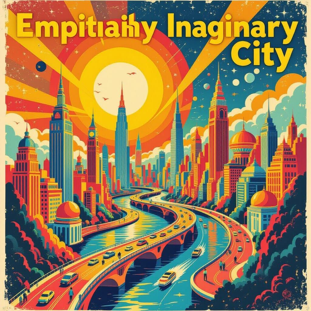 1950s Psychedelic Travel Poster for Imaginary City