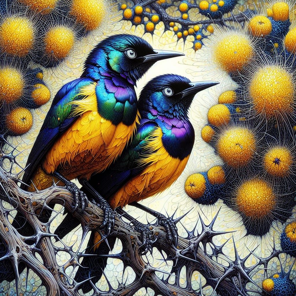 Golden-Breasted Starlings in Acacia, Alcohol Ink Art